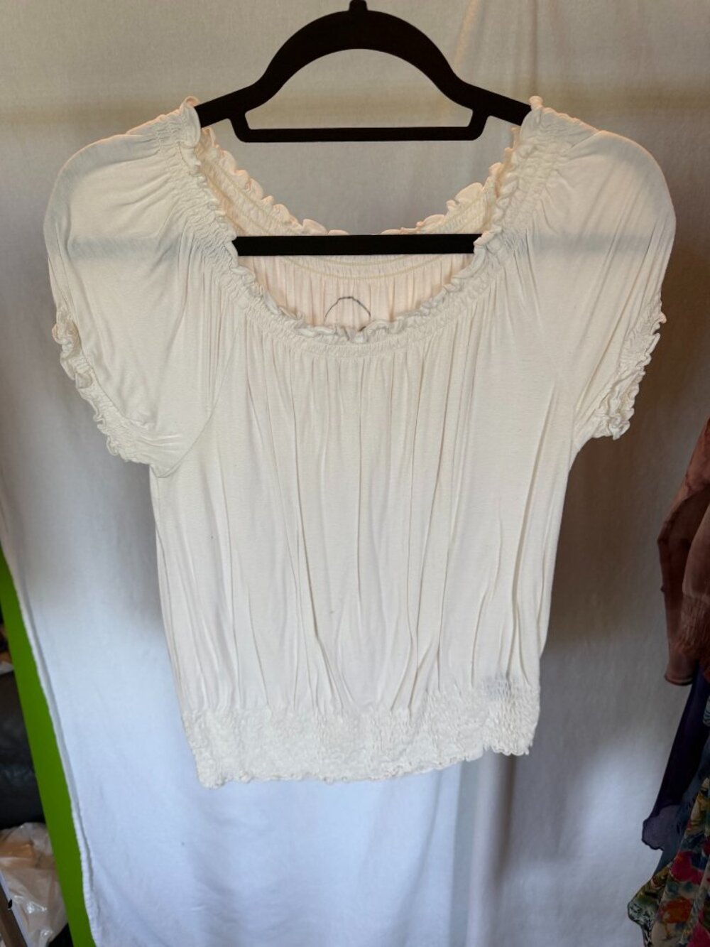 INC International Concepts Ivory Smocked Waist Off-the-Shoulder Top S